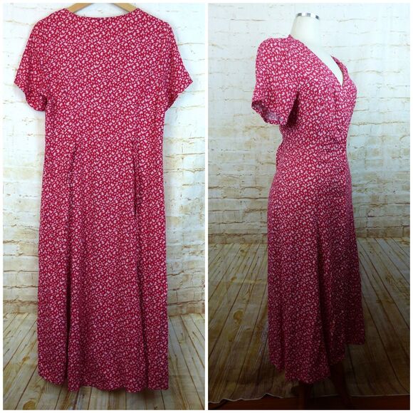 Saks Fifth Avenue Dress Womens US 12 Red Ditsy Floral Button Midi Viscose Boho - Picture 9 of 11